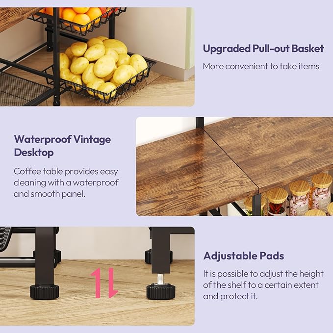 SWTYMIKI Bakers Rack with Storage - Coffee Bar Cabinet with Shelves, Coffee Station Organizer and Kitchen Stand with 8 Hooks, Baskets, Adjustable Feet for Kitchen Dining Room Pantry, Espresso