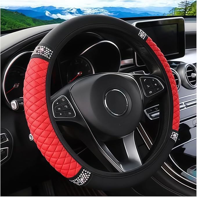 Bling Car Steering Wheel Cover, 15 Inch Crystal Rhinestone Elastic Stretch Leather Steering Wheel Protector, Vehicle Decor Accessories for Women Girls, Universal for RV, SUV, Truck (Red)