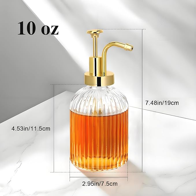 Glass Coffee Syrup Dispenser 10oz, Syrup Bottles with Ribbed Design, Gold Syrup Pump, Coffee Bar Accessories, Honey Dispenser (2)