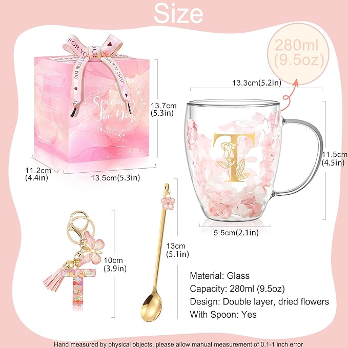 Personalized Gift for Women Flower Glass Coffee Mug Initial Tea cup Monogrammed Customized Bridesmaid Bride Wedding Gifts Graduation Gifts Valentine Mother's Day Birthday Christmas Gift (T)