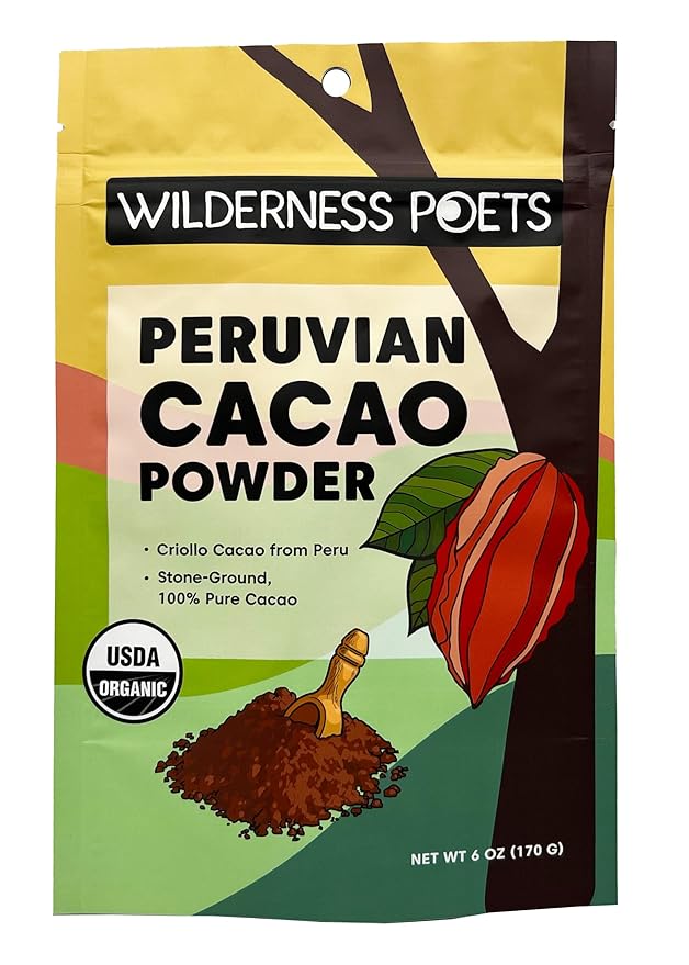 Wilderness Poets, Organic Cacao Powder. Unsweetened, 100% Peruvian Heirloom Cacao (Criollo Variety) - 6oz - 170g