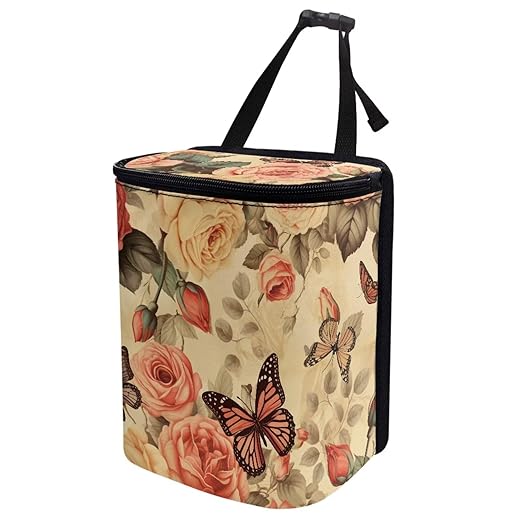 Rose Car Trash Can Hanging,Vintage Rose Floral Butterfly Auto Garbage Bag with Lid Seat Leak Proof Easy to Install Universal Fit Most Vehicle Back/Front/Console of Any Cars,Rose Car Accessory
