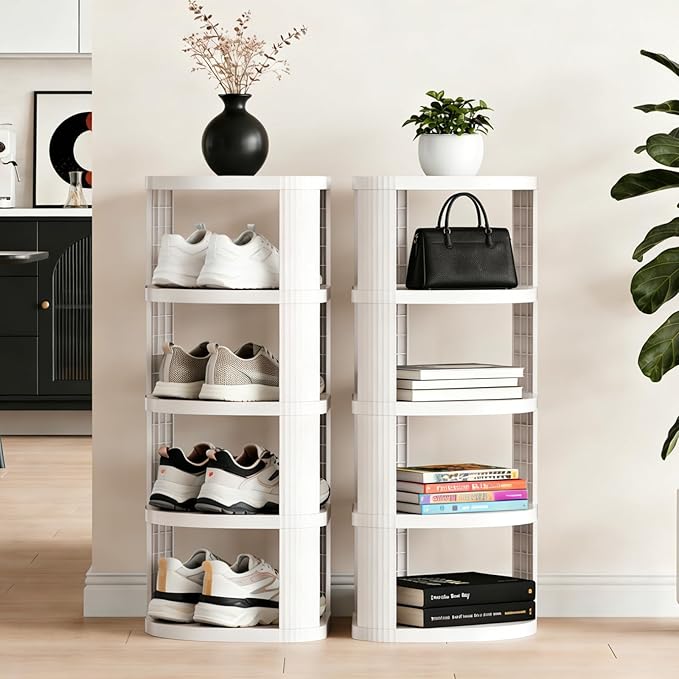 NestOrganix 10 Tier Vertical Shoe Rack, Stackable Narrow Shoe Rack Organizer for Entryway Closet Corner, Free Standing Shoe Rack Tower Shelf, Space Saving, Curved, Off White
