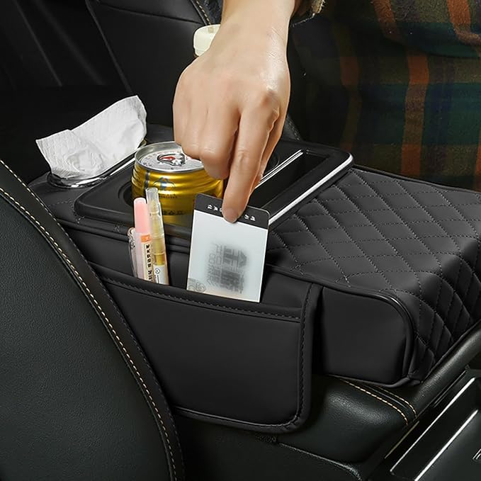 Car Armrest Box Mat, 5-in-1 Center Console Cover Cushion with Cup Holder Tissue Slot, Universal PU Leather Car Box Pad for Sedans Car Accessories Interior Organizers (Multi G07)