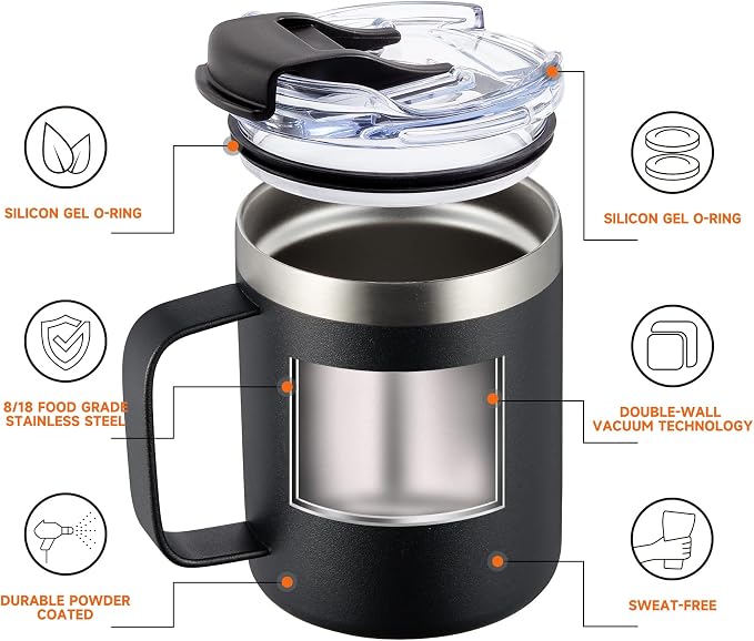 12oz Insulated Coffee Mug Cup with Handle, Stainless Steel Travel Coffee Mug with Flip Lid, Double Wall Vacuum Coffee Tumbler,Blush