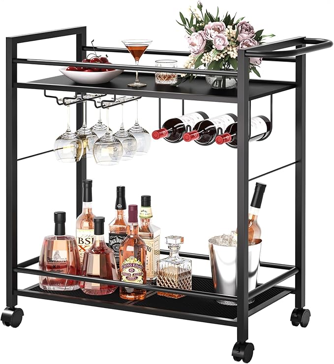 Bar Cart,Home Bar Serving Cart with Storage Shelves, 2 Tier Rolling Beverage Cart with Wheels, Modern Vintage Black Wine Cart with Wine Rack and Glass Holder for Kitchen, Dinning Room,Living Room