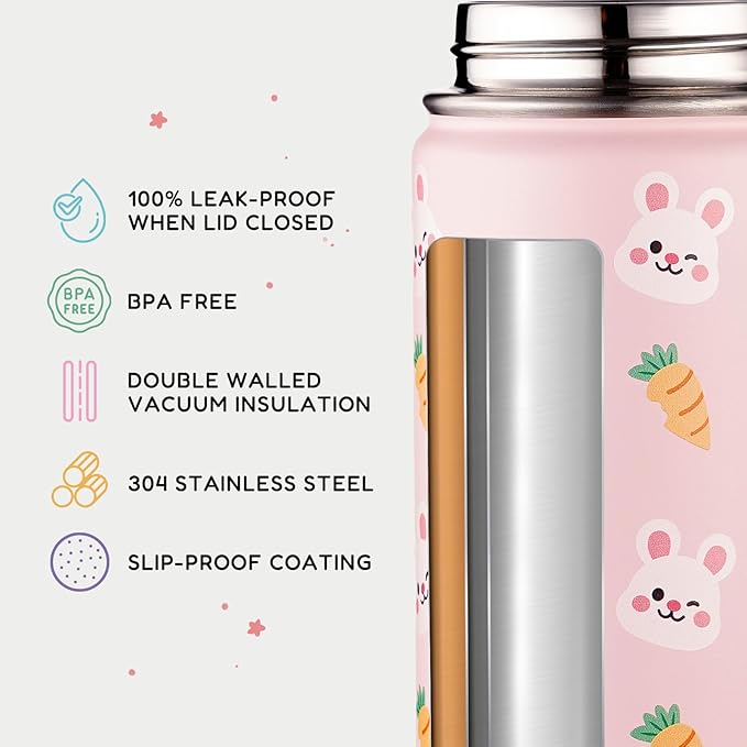 12oz Water Bottle for School, Bottles with Straws, Stainless Steel Vacuum Insulated Water Bottle, Leak-Proof, BPA-Free, Pink Rabbit