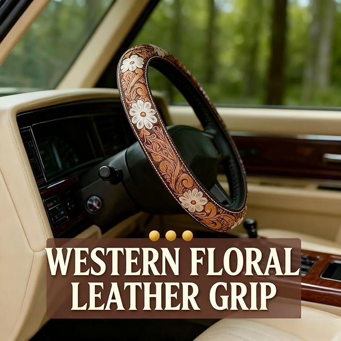 Retro Western Cowboy Car Universal Steering Wheel Cover – Western Steering Wheel Cover for Men & Women - 15 Inch Embossed Leather Anti-Slip Grip–Universal Fit for Truck, SUV, Car (A)