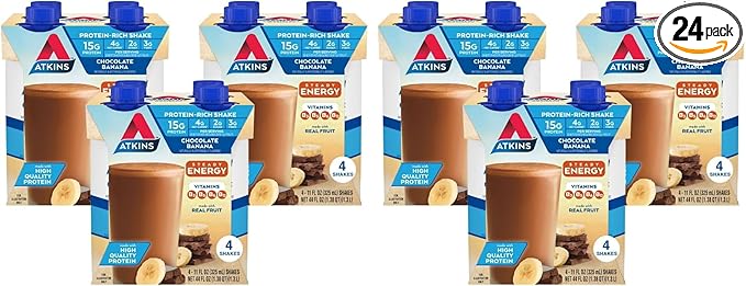 Atkins Chocolate Banana Protein Shake,15g Protein,Low Glycemic,4g Net Carb,2g Sugar,Keto Friendly,(Pack of 24)