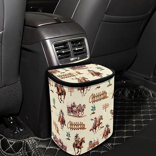 Western Cowboy Car Trash Can Southwest Aztec Native Cow Mini Auto Garbage Bin with Lid Leak Proof Hanging Car Rubbish Bags Automotive Organizer Accessory for Back Front Seat