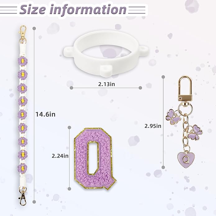 Compatible with Owala Water Bottle Accessories, Cute Letter Charm Set with Boho Handle Strap, Monogram Sticker, Silicone Ring, Keychain Decoration, for FreeSip 24 32 40oz, Owala Kids, Tumbler Gift