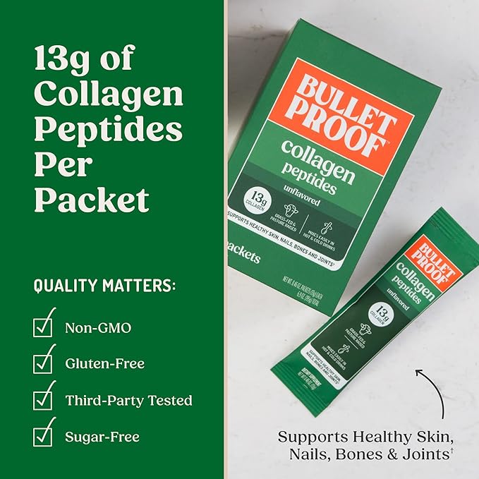 Bulletproof Unflavored Grass-Fed Collagen Peptides Powder Packets with Amino Acids for Skin, Bone and Joint Support, Pasture Raised, No Added Hormones, Pack of 15