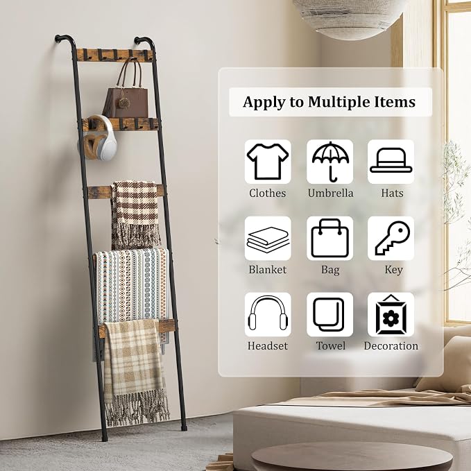Blanket Ladder for Living Room Towel Ladder for Bathroom Decorative Quilt Rack for Home Decor 5-Tier Throw Blanket Holder with 10 Hooks, Rustic Brown and Black