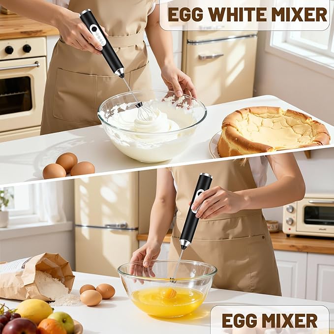 BEoffer Milk Frother Handheld + Stand Rechargeable 2000mAH Power Frother Wand Electric Foam Maker with 2 Stainless Whisks 3 Speeds Drink Mixer Coffee Frother for Latte, Cappuccino Matcha Hot Chocolate