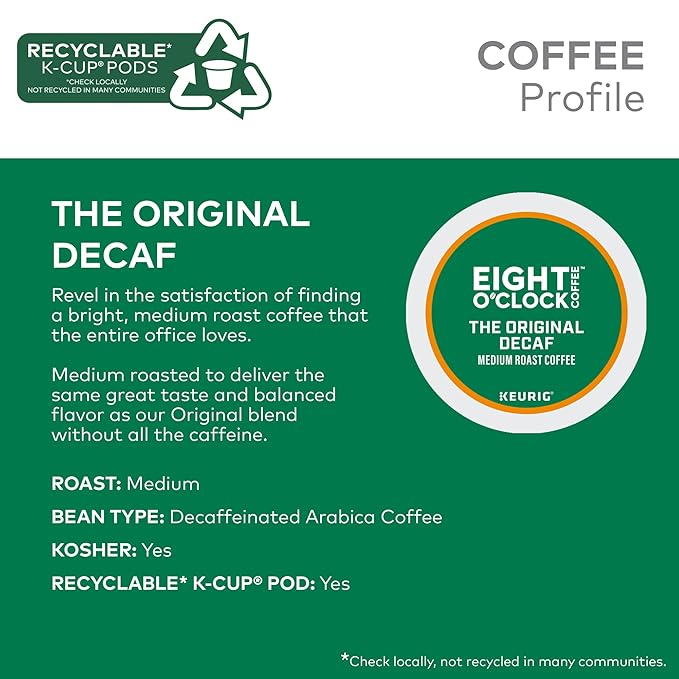 Eight O'Clock Coffee The Original Decaf, Single-Serve Keurig K-Cup Pods, Medium Roast Coffee Pods, 60 Count