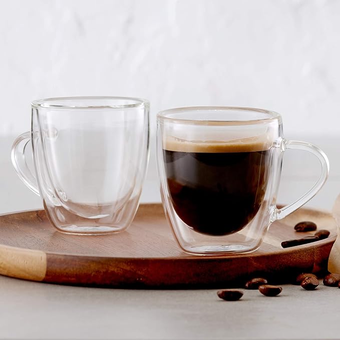 Insulated Double Wall Mug Cup Glass-Set of 4 Mugs/Cups for Coffee,Cappuccino,latte,espresso,Tea,Thermal,Clear,75ml