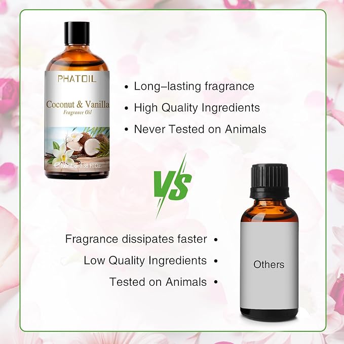 PHATOIL 3.38FL.OZ Coconut & Vanilla Fragrance Oils for Aromatherapy, Long Lasting Scented Oils for Home, Perfect for Diffuser, Yoga, DIY Candle and Soap Making - 100ml
