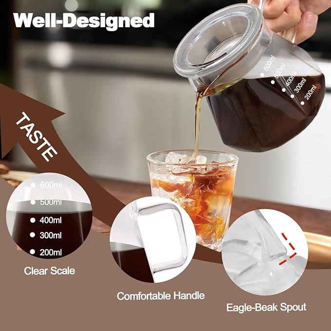 Pour Over Coffee Maker Set 600ml 20.3oz Portable with 100 Pcs Filter Paper Glass Coffee Maker High Borosilicate Glass Eagle Beak Spout Design Walnut Wood Base for Pour Over for Daily Brewing