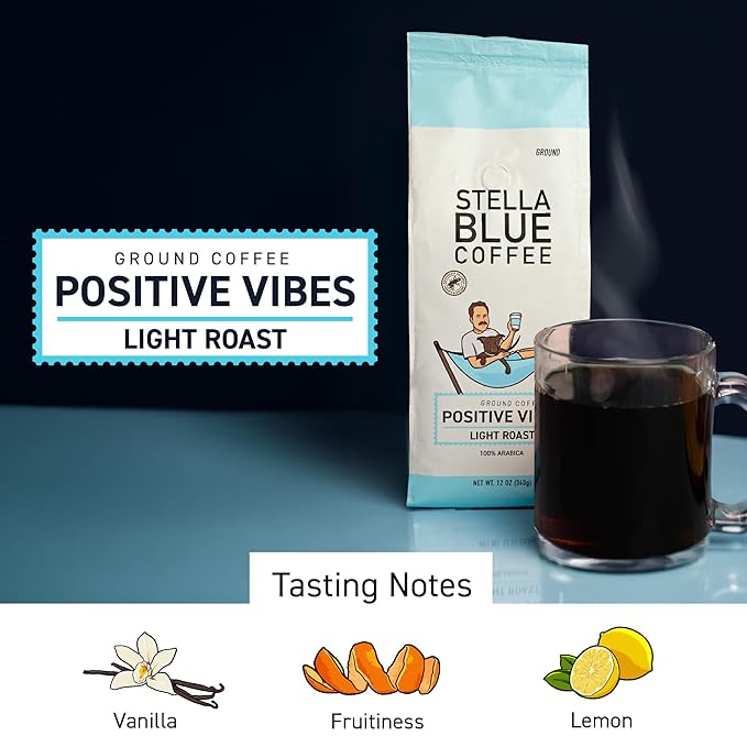 Stella Blue Ground Coffee, Positive Vibes Blend, Light Roast, Fresh Coffee Ground 100% Arabica, Smooth Balanced Roast with Distinct Flavor Notes, Ethically Sourced Coffee Beans, 12 oz Bag