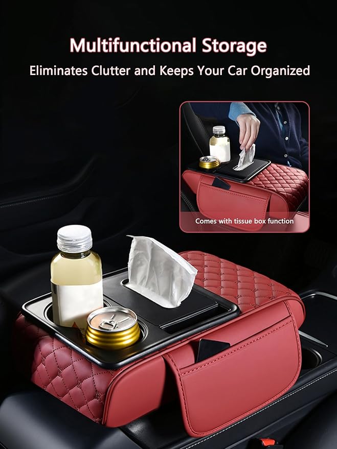 Car Center Console Cover for Lucid Gravity – 5-in-1 Leather Armrest Cushion Pad with 2 Storage Bags, Holds Cups, Phone, Tissues, Car Interior Accessory,C Red
