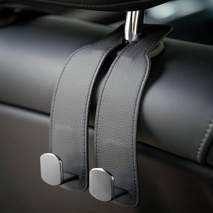 Genuine Leather Car Seat Hooks for Headrest - Flexible Car Seat Back Storage Hook for Purses and Bags, Upgraded Car Purse Hook Holder Hanger Organizer for Head Rest (Black-2 Pack)