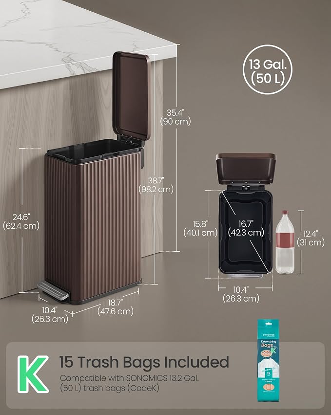 SONGMICS Trash Can, 13 Gallon (50 L) Slim Garbage Can for Kitchen, with Soft-Close Lid, Pedal, Removable Inner Bucket, Stainless Steel, 15 Trash Bags, Space-Saving, Brown ULTB350MZ01