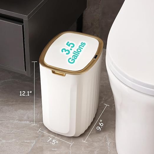 ELPHECO 3.5 Gallon Waterproof Motion Sensor Bedroom Trash Can with Lid Bathroom Decor, Bathroom Accessories Automatic Garbage Bin for Living Room Office, Golden