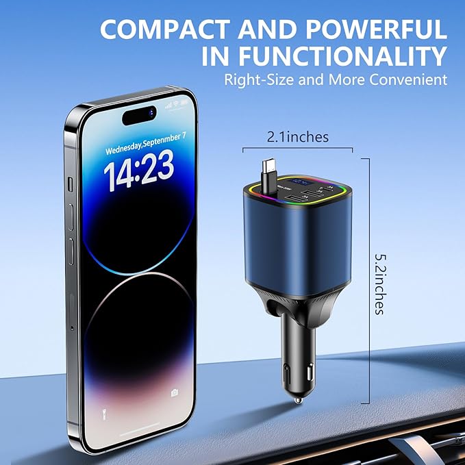 Retractable Car Charger, 4 in 1 Fast Car Charger 78W, with Type C, 2 USB-A Ports and 1 USB-C Port for Fast Charging, Compatible with iPhone 16/15/14/13/12/11, Galaxy, Pixel (Blue)