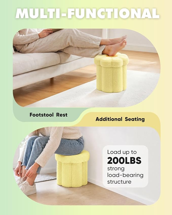 B FSOBEIIALEO Storage Ottoman Foldable, Sunflower Shaped Small Footrest Collapsible Folding Seat Bench for Bedroom Living Room Entryway, Faux Teddy Fur, Yellow 12.6"x12.6"x11.4"