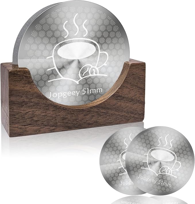 2 Pack 51mm Espresso Puck Screen with Stand, 0.9mm 150μm Ultra Thin Reusable Coffee Filter Compatible with Breville Barista 51mm Portafilter Basket, 304 Stainless Steel Espresso Machine Accessories