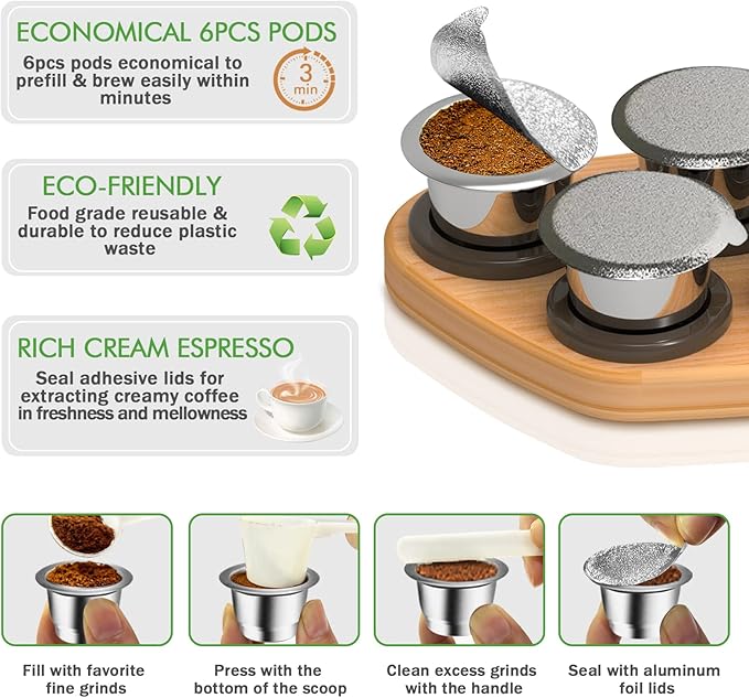 CAPMESSO Reusable Capsules for Nespresso OriginalLine, 6pcs Refillable Pods - Stainless Steel Coffee Pods Compatible with Nespresso OriginalLine Machine (6 Pods + 100 Lids + Wood Storage Tray)