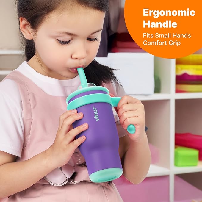 VINUR Kids Insulated Tumbler with Lid and Straw 17 oz-Spill Proof& Leak Resistant-Stainless Steel Vacuum Tumbler Travel Mug with Handle & Silicone Base-Cup Holder Friendly, Purple