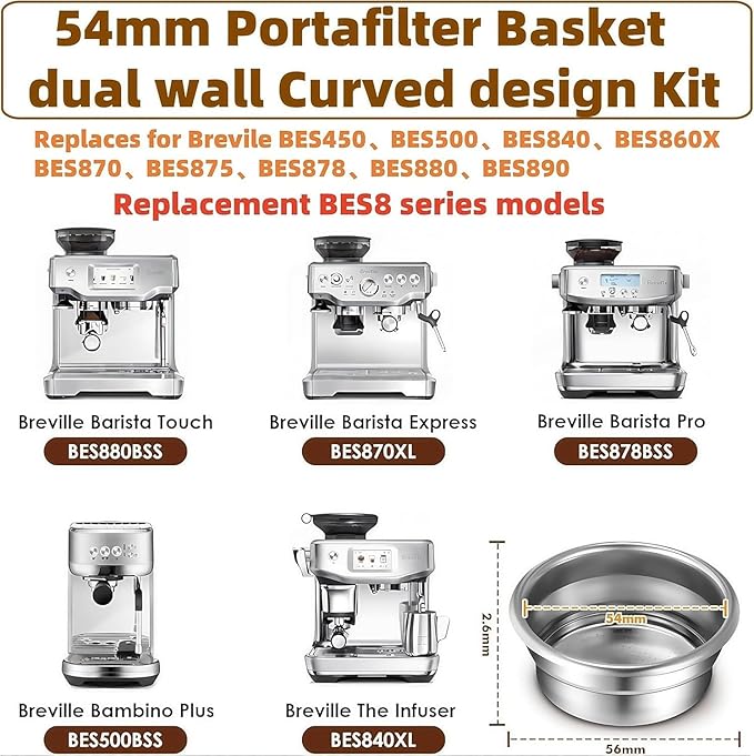 2 Cup Dual Wall Coffee Filter Basket, 54mm Pressurized Filter Basket Compatible with Breville Barista Series/Bambino Plus/Infuser/ BES860XL 8 Series Touch and Impress Espresso Machines