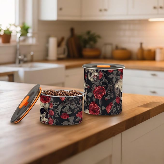 ALAZA Skull Red Rose Flower Floral Airtight Coffee Bean Canister 500ml Food Storage Containers with Lids For Gournd, Tea, Sugar, Flour, Rice, Cereal, Candy Cookie Jar