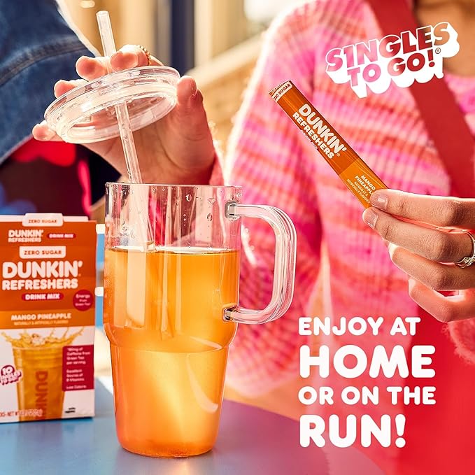 Dunkin’ Zero Sugar Refreshers Singles To Go! Powdered drink mix packets, 30 Ct Variety Pack, 30 Single serve Packets per Box (30 servings), Energy from Green Tea, aspartame-free, no synthetic colors, naturally and artificially flavored, just add water