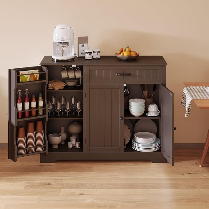 Gizoon Kitchen Coffee Bar Cabinet with Storage Kitchen Sideboard Buffet Cabinet with Drawers, Short Pantry with Door and Shelves for Bathroom and Living Room, Dark Brown