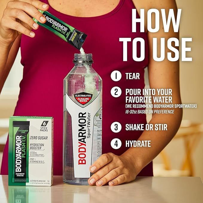 BODYARMOR Flash IV Electrolyte Packets, Cucumber Lime - Zero Sugar Drink Mix, Single Serve Packs, Coconut Water Powder (6 Count) (Pack of 2)