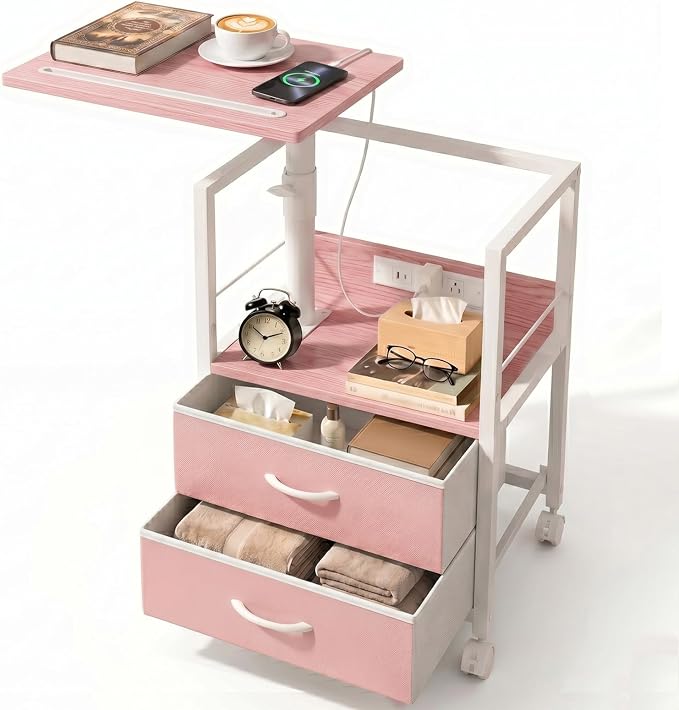Faesun Swivel Lift Top Nightstand with Charging Station, Rolling Side Table for Recliner, Bedside Table with Wheels & 2 Fabric Drawers, for Small Spaces, for Bedroom, Living Room, Pink