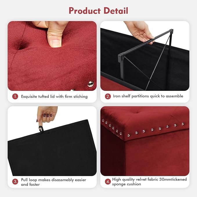 B FSOBEIIALEO Luxury Velvet Fabric Storage Ottoman Bench, Extra Large 140L Toy Chest Storage Boxes Footrest Bench for Bedroom, 43 Inches Red