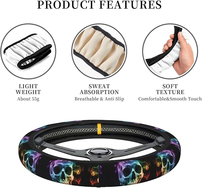 Smokes-Skull Universal Fit Steering Wheel Cover for Car, Truck, and SUV, Durable Steering Wheel Protection