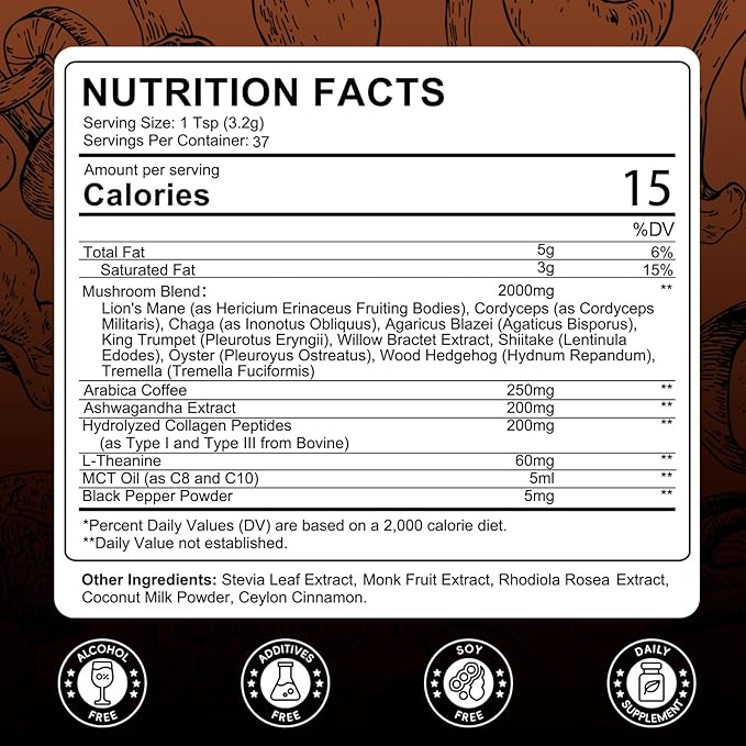 Catfit Instant Mushroom Coffee Powder, 10-in-1 Adaptogen Blend with Lion's Mane, Chaga & Cordyceps for Energy, Focus, Gut Health & Immune Support - 240g, 75 Servings