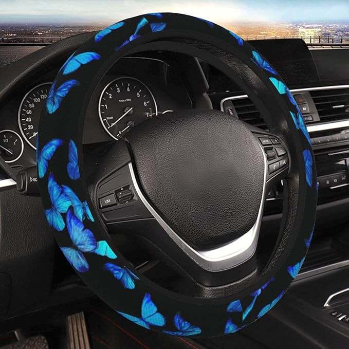 Blue Butterfly Steering Wheel Cover for Women Men Girls, Car Accessories Decor Thickened Anti-Slip Auto Steering Wheel Covers Protector Universal Fit 15 Inch for Cars, Truck, SUV