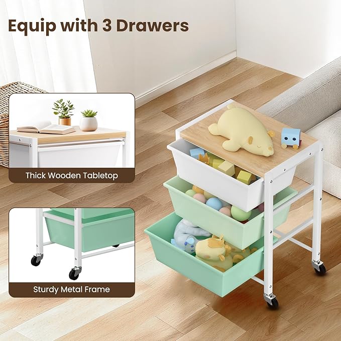 Rolling Cart with 3 Drawers, Plastic Drawer Storage Carts with Lockable Wheels & Wooden Tabletop, Metal Utility Cart Organizer, Office Bedroom Classroom Craft Organization and Storage, Bright Green