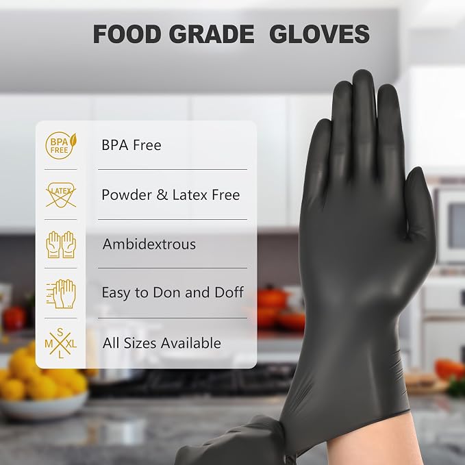 SWIFTLITE Black Vinyl Gloves, Food Grade Gloves Disposable Latex Free & Powder Free, Guantes for Cleaning Cooking Food Prep