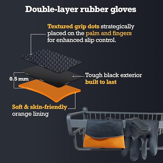 Heavy-Duty Thick Black Rubber Cleaning Gloves, 3 Pairs, XL | Reusable & waterproof black/orange dual layers. Non-slip design for dishwashing, kitchen cleaning, and auto care.
