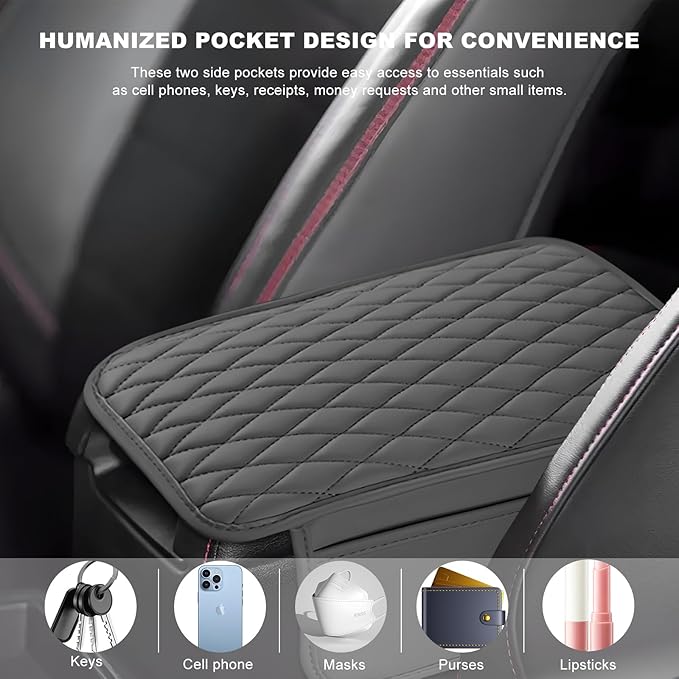 Car Center Console Cover, Waterproof Leather Arm Rest Cushion Pad with 2 Storage Bags, Anti-Scratch Armrest Seat Box Protector Interior Accessories for Most Vehicles (Gray)