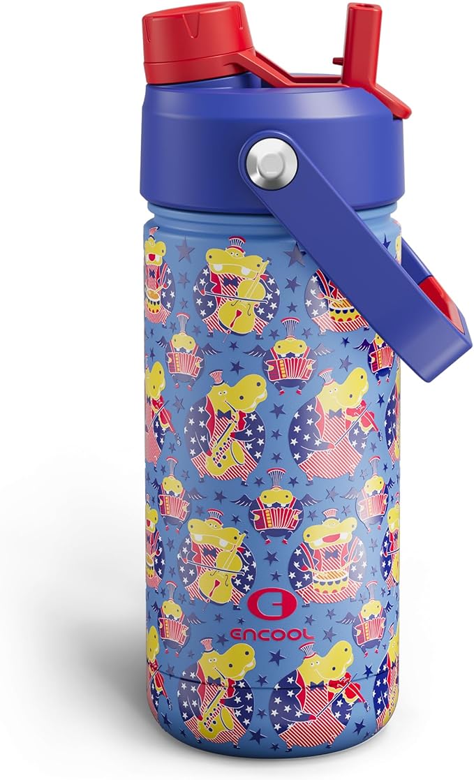 Kids Insualated Water Bottle with Straw,18oz Stainless Steel Water Bottle with Dual Spouts, Leak-Proof,BPA-Free,Double Wall Vacuum Keeps Cold for 24 Hours for Sports,Travel,School (Blue Hippo Parade)