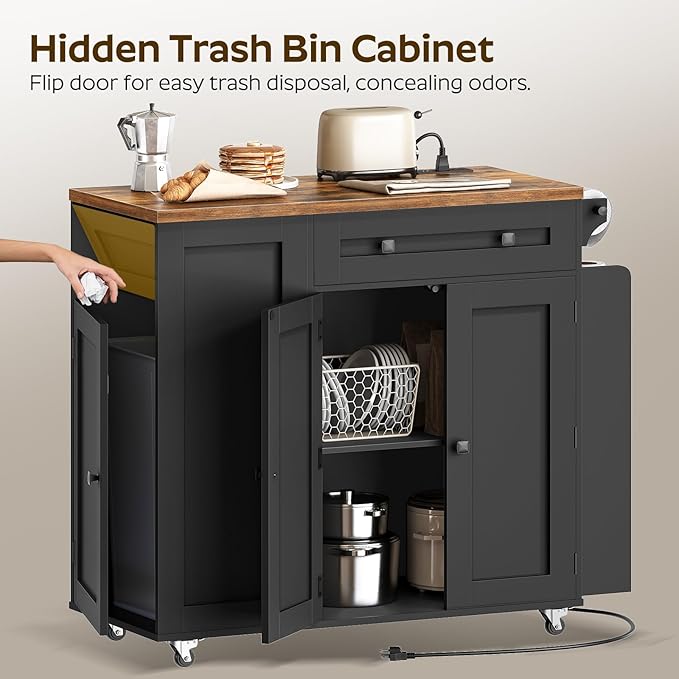 Kitchen Island with Storage, Mobile Rolling Cart with Trash Can Storage, Kitchen Island on Wheels, Rolling Island Table with Charging Station, Spice Rack, for Kitchen, Rustic Brown ZD02UBR