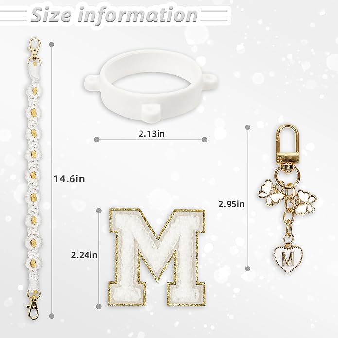 Compatible with Owala Water Bottle Accessories, Cute Letter Charm Set with Boho Handle Strap, Monogram Sticker, Silicone Ring, Keychain Decoration, for FreeSip 24 32 40oz, Owala Kids, Tumbler Gift
