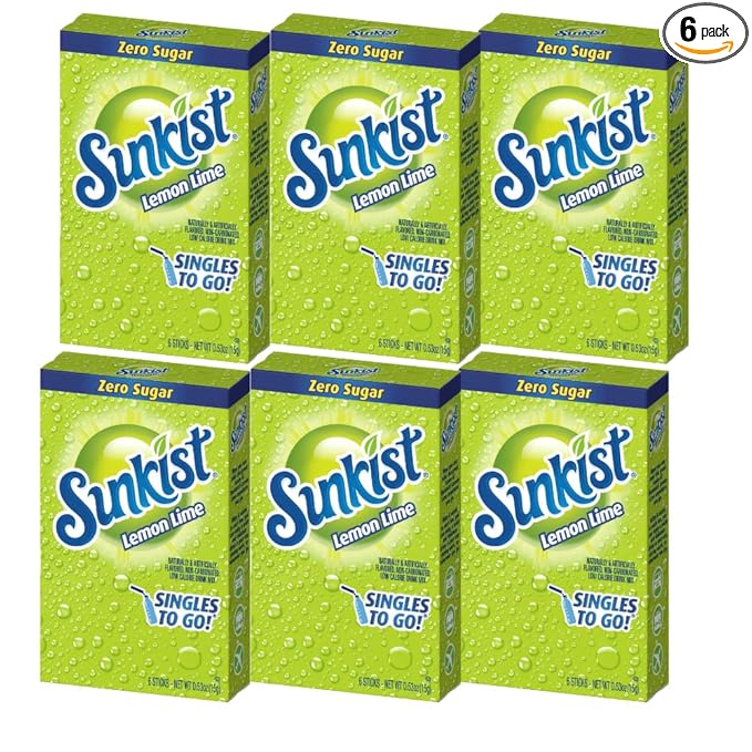 Sunkist Singles-To-Go Drink Mix, Lemon-Lime, Non-Carbonated, Low-Calorie, Zero Sugar, 6 CT in each box (Pack of 6)